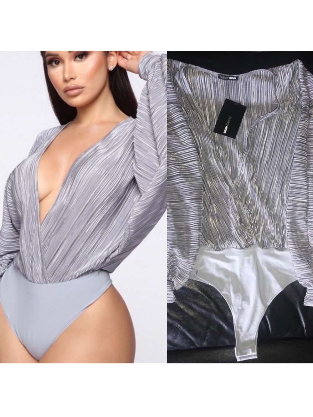 NWT Fashion Nova Silver pleated thong bodysuit